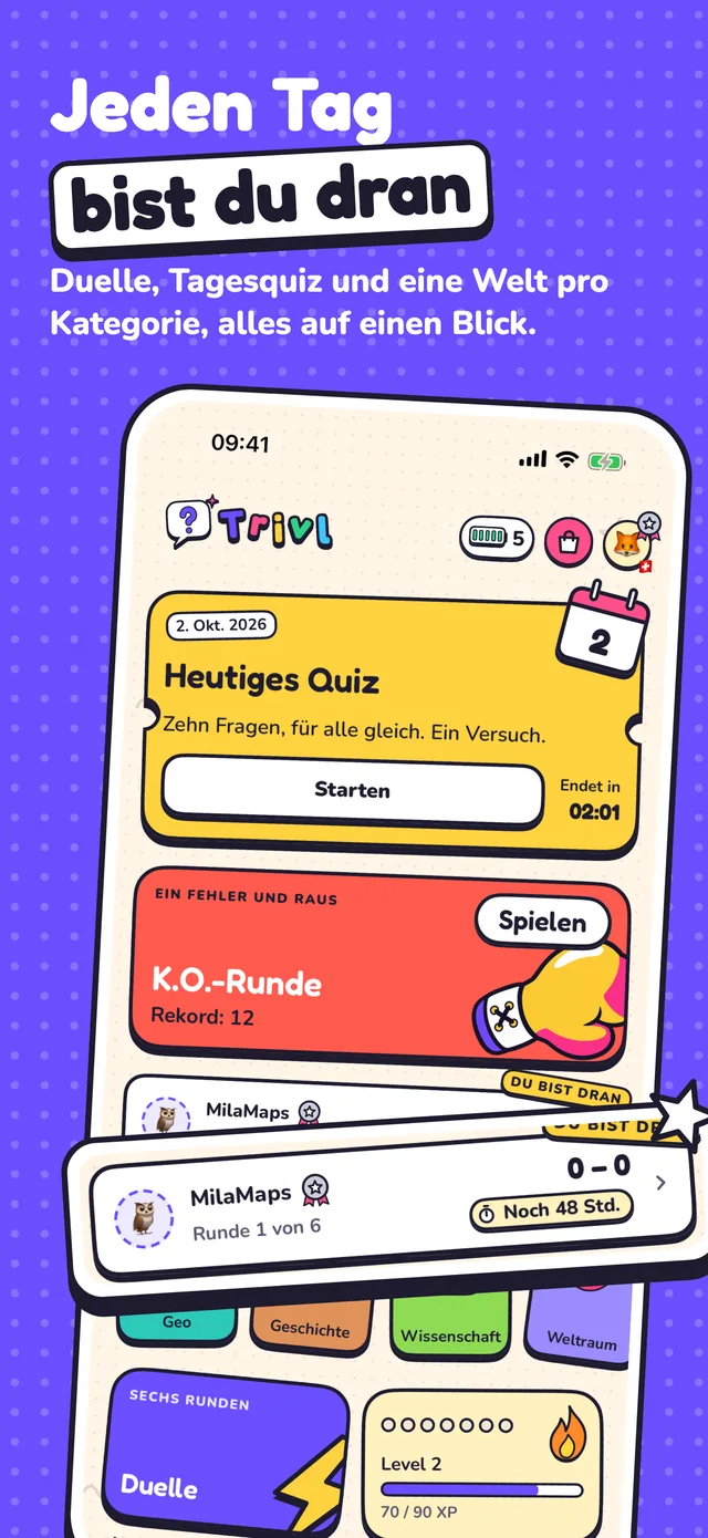 Jeden Tag bist du dran: der Startbildschirm mit Duellen, Tagesquiz und den Welten.