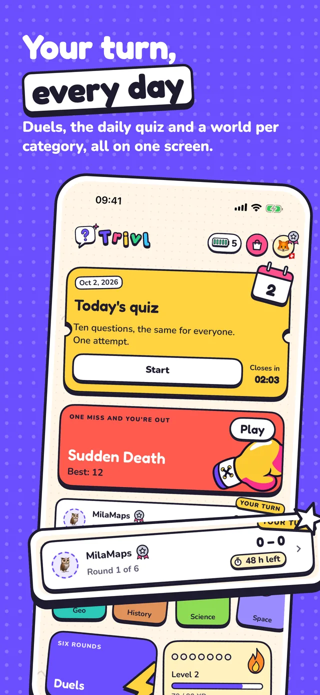 Your turn, every day: the home, with duels, the daily quiz and the worlds.