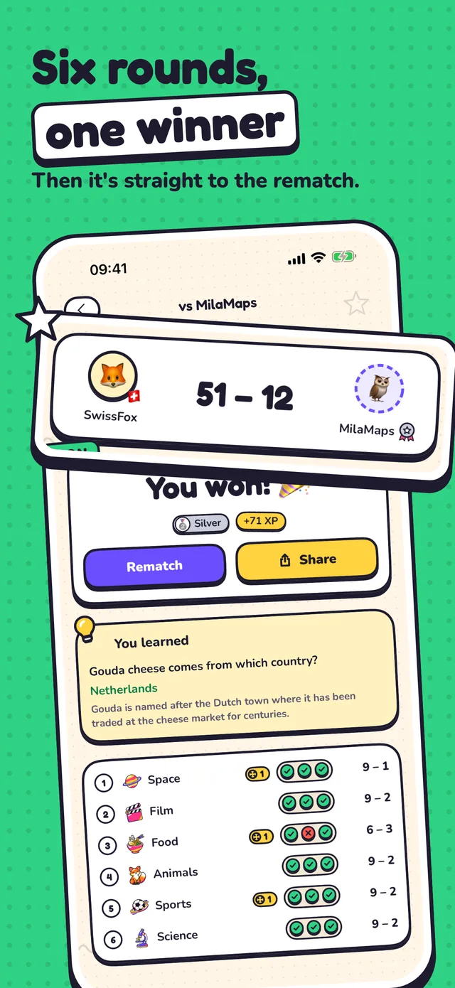 Six rounds, one winner: a duel's result with the rematch button.