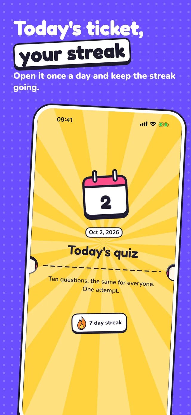 Today's ticket, your streak: the daily quiz's ticket lifting off the home.